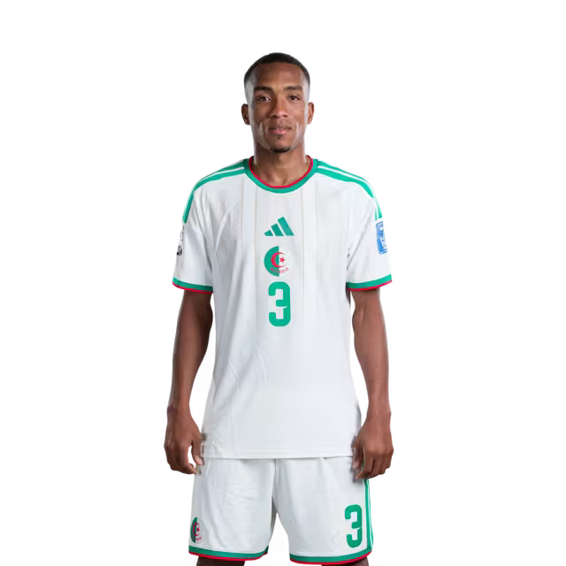 Algeria national football team 2026 World Cup jersey (player/match version) — Defenders: No. 2 Aïssa Mandi, No. 3 Achraf Abada, No. 4 Mohamed Amine Tougai./ المدافعون: رقم 2 عيسى مندي، رقم 3 أشرف عبادة، رقم 4 محمد أمين توغاي