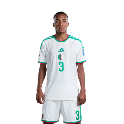 Algeria national football team 2026 World Cup jersey (player/match version) — Defenders: No. 2 Aïssa Mandi, No. 3 Achraf Abada, No. 4 Mohamed Amine Tougai./ المدافعون: رقم 2 عيسى مندي، رقم 3 أشرف عبادة، رقم 4 محمد أمين توغاي