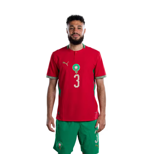 Morocco National Football Team 2026 World Cup Jersey (Player/Match Version) — Defenders: No. 2 Achraf Hakimi, No. 3 Noussair Mazraoui, No. 5 Marwane Saâdane./ المدافعون: رقم 2 أشرف حكيمي، رقم 3 نصير مزراوي، رقم 5 مروان سعدان.