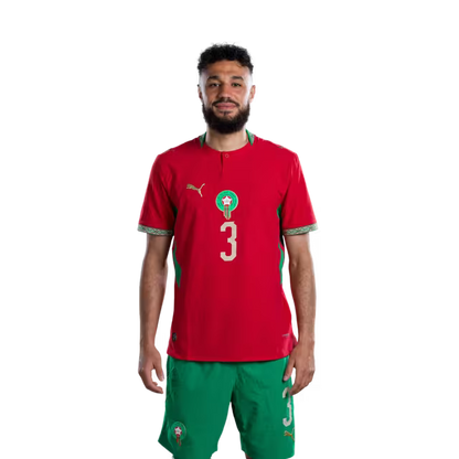 Morocco National Football Team 2026 World Cup Jersey (Player/Match Version) — Defenders: No. 2 Achraf Hakimi, No. 3 Noussair Mazraoui, No. 5 Marwane Saâdane./ المدافعون: رقم 2 أشرف حكيمي، رقم 3 نصير مزراوي، رقم 5 مروان سعدان.