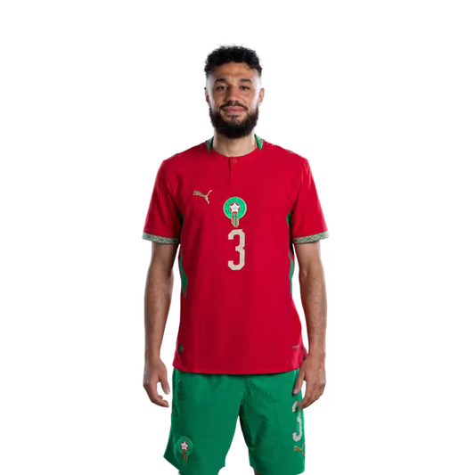Morocco National Football Team 2026 World Cup Jersey (Player/Match Version) — Defenders: No. 2 Achraf Hakimi, No. 3 Noussair Mazraoui, No. 5 Marwane Saâdane./ المدافعون: رقم 2 أشرف حكيمي، رقم 3 نصير مزراوي، رقم 5 مروان سعدان.