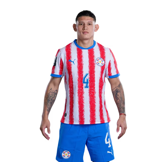 Paraguay National Football Team 2026 World Cup Jersey (Player Version/Match Version) — Defenders: No. 2 Gustavo Velázquez, No. 3 Omar Alderete, No. 4 John Joseph Cáceres / Selección Nacional de Fútbol Paraguay Jersey Mundial