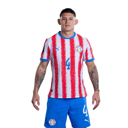 Paraguay National Football Team 2026 World Cup Jersey (Player Version/Match Version) — Defenders: No. 2 Gustavo Velázquez, No. 3 Omar Alderete, No. 4 John Joseph Cáceres / Selección Nacional de Fútbol Paraguay Jersey Mundial
