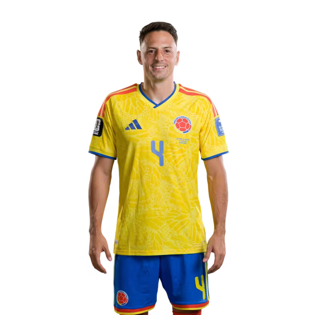Colombia National Team 2026 World Cup Jersey (Player Version/Match Version) — Defenders: No. 2 Daniel Muñoz, No. 3 Jhon Lucumí, No. 4 Santiago Arias./Defensas: N.º 2 Daniel Muñoz, N.º 3 Jhon Lucumí, N.º 4 Santiago Arias.