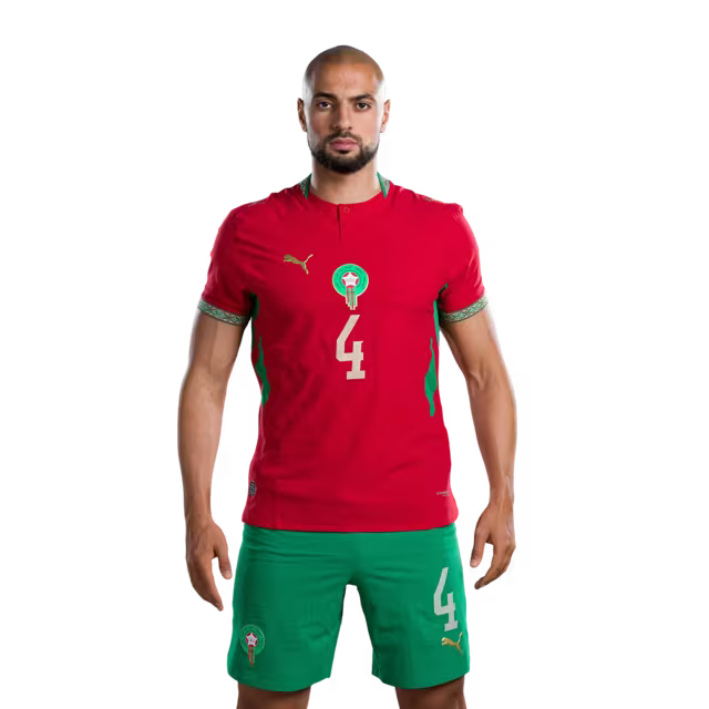 Morocco national football team 2026 World Cup jersey (player/match version) — Midfielders: No. 4 Sofyan Amrabat, No. 6 Ayoub Bouaddi, No. 7 Chamseddine Talbi./ لاعبو الوسط: رقم 4 سفيان أمرابط، رقم 6 أيوب بوعدي، رقم 7 شمس الدين الطالبي.