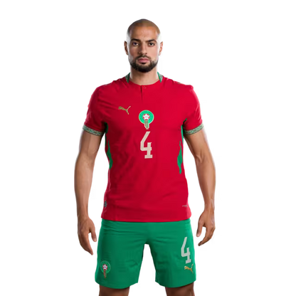 Morocco national football team 2026 World Cup jersey (player/match version) — Midfielders: No. 4 Sofyan Amrabat, No. 6 Ayoub Bouaddi, No. 7 Chamseddine Talbi./ لاعبو الوسط: رقم 4 سفيان أمرابط، رقم 6 أيوب بوعدي، رقم 7 شمس الدين الطالبي.