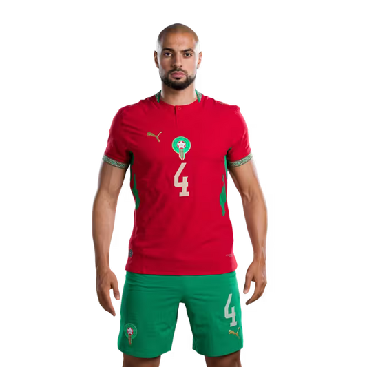 Morocco national football team 2026 World Cup jersey (player/match version) — Midfielders: No. 4 Sofyan Amrabat, No. 6 Ayoub Bouaddi, No. 7 Chamseddine Talbi./ لاعبو الوسط: رقم 4 سفيان أمرابط، رقم 6 أيوب بوعدي، رقم 7 شمس الدين الطالبي.