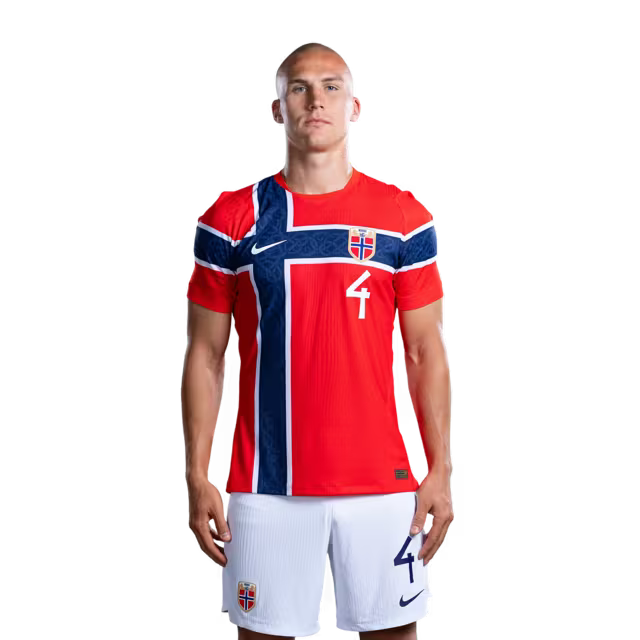 Norway National Football Team 2026 World Cup Jersey (Player Version/Match Version) — Defenders: No. 3 Kristoffer Ajer, No. 4 Leo Østigard, No. 5 David Møller Wolfe / Forsvarere: Nr. 3 Kristoffer AJER, nr. 4 Leo Østigard, nr. 5 David Møller Wolfe