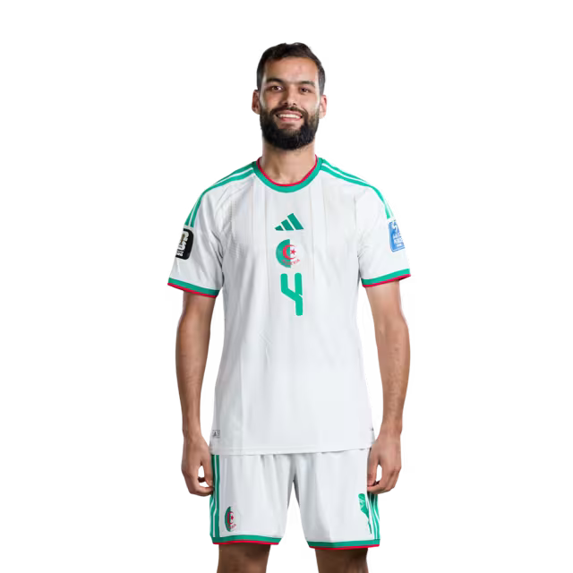 Algeria national football team 2026 World Cup jersey (player/match version) — Defenders: No. 2 Aïssa Mandi, No. 3 Achraf Abada, No. 4 Mohamed Amine Tougai./ المدافعون: رقم 2 عيسى مندي، رقم 3 أشرف عبادة، رقم 4 محمد أمين توغاي