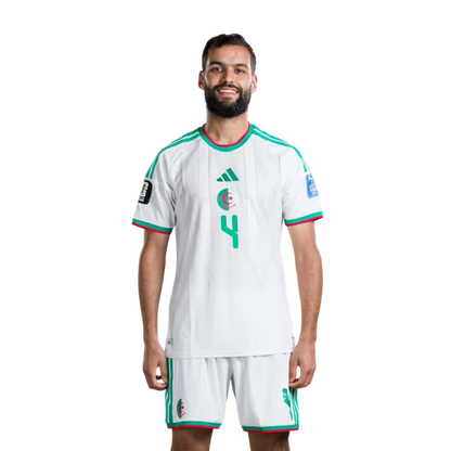 Algeria national football team 2026 World Cup jersey (player/match version) — Defenders: No. 2 Aïssa Mandi, No. 3 Achraf Abada, No. 4 Mohamed Amine Tougai./ المدافعون: رقم 2 عيسى مندي، رقم 3 أشرف عبادة، رقم 4 محمد أمين توغاي