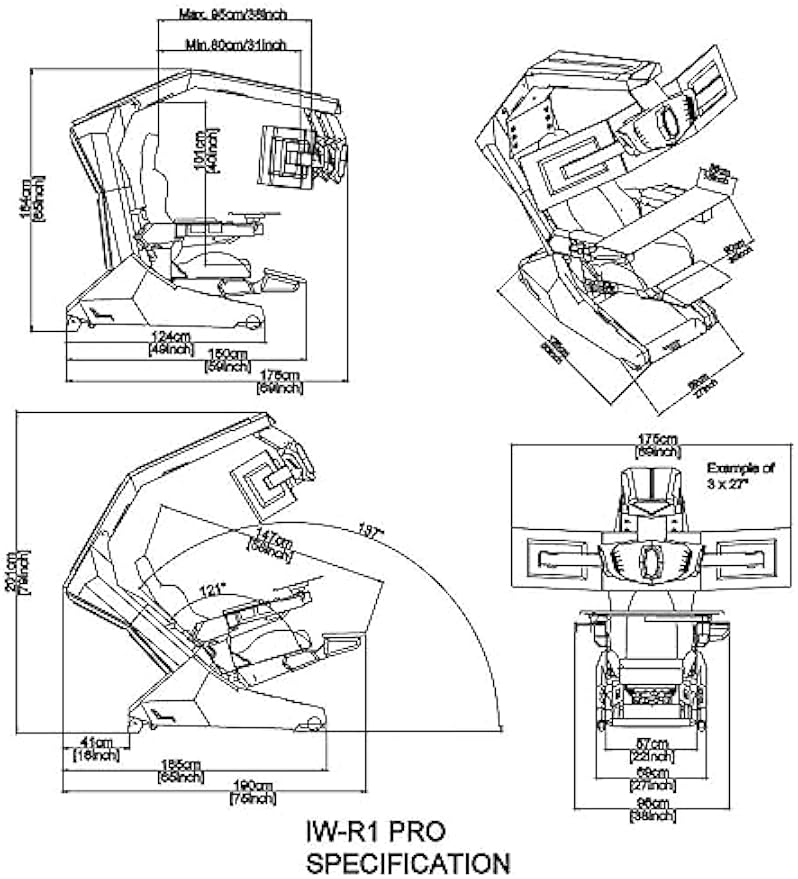 IW-R1 PRO Zero Gravity Reclining Workstation Computer Imperator Gaming Chair Cockpit for Works; (3-Monitor Brackets, Leather Seat, Black)
