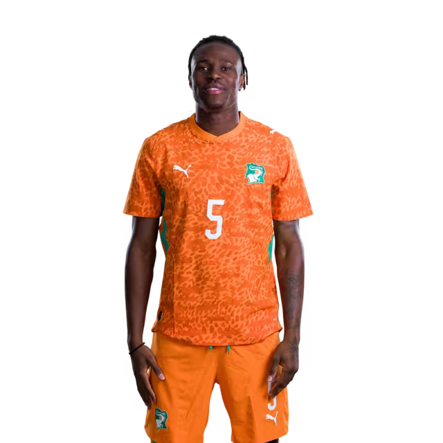 Côte d'Ivoire National Team 2026 World Cup Jersey (Player Version/Match Version) — Defenders: No. 2 Ousmane Diomande, No. 3 Ghislain Konan, No. 5 Wilfried Singo./ Défenseurs : n° 2 Ousmane Diomande, n° 3 Ghislain Konan, n° 5 Wilfried Singo