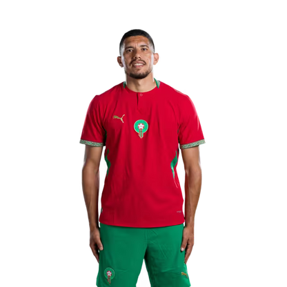 Morocco National Football Team 2026 World Cup Jersey (Player/Match Version) — Defenders: No. 2 Achraf Hakimi, No. 3 Noussair Mazraoui, No. 5 Marwane Saâdane./ المدافعون: رقم 2 أشرف حكيمي، رقم 3 نصير مزراوي، رقم 5 مروان سعدان.