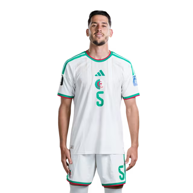 Algeria national football team 2026 World Cup jersey (player/match version) — Defenders: No. 5 Zineddine Belaid, No. 13 Jaouen Hadjam, No. 15 Rayan Aït-Nouri./المدافعون: رقم 5 زين الدين بلعيد، رقم 13 جاوين حاج، رقم 15 ريان آيت نوري
