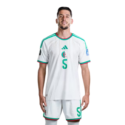 Algeria national football team 2026 World Cup jersey (player/match version) — Defenders: No. 5 Zineddine Belaid, No. 13 Jaouen Hadjam, No. 15 Rayan Aït-Nouri./المدافعون: رقم 5 زين الدين بلعيد، رقم 13 جاوين حاج، رقم 15 ريان آيت نوري