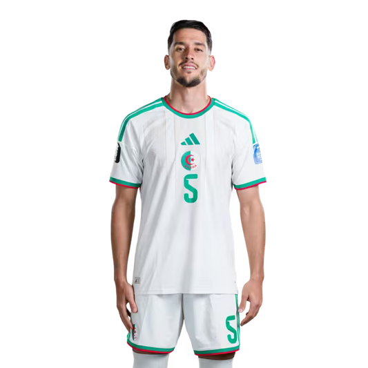 Algeria national football team 2026 World Cup jersey (player/match version) — Defenders: No. 5 Zineddine Belaid, No. 13 Jaouen Hadjam, No. 15 Rayan Aït-Nouri./المدافعون: رقم 5 زين الدين بلعيد، رقم 13 جاوين حاج، رقم 15 ريان آيت نوري