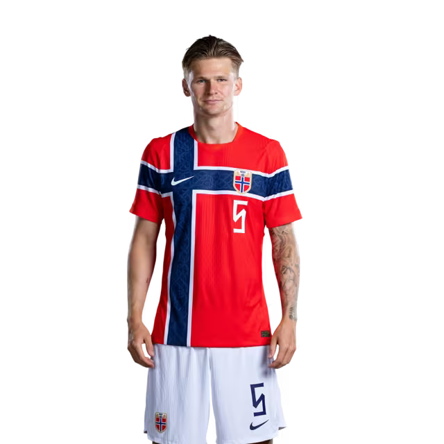 Norway National Football Team 2026 World Cup Jersey (Player Version/Match Version) — Defenders: No. 3 Kristoffer Ajer, No. 4 Leo Østigard, No. 5 David Møller Wolfe / Forsvarere: Nr. 3 Kristoffer AJER, nr. 4 Leo Østigard, nr. 5 David Møller Wolfe