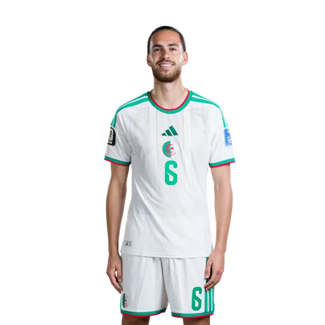 Algeria national football team 2026 World Cup jersey (player/match version) — Midfielders: No. 6 Ramiz Zerrouki, No. 8 Houssem Aouar, No. 10 Farès Chaïbi./لاعبو الوسط: رقم 6 رامز زروقي، رقم 8 حسام عوار، رقم 10 فارس شايبي