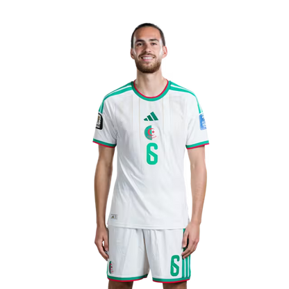 Algeria national football team 2026 World Cup jersey (player/match version) — Midfielders: No. 6 Ramiz Zerrouki, No. 8 Houssem Aouar, No. 10 Farès Chaïbi./لاعبو الوسط: رقم 6 رامز زروقي، رقم 8 حسام عوار، رقم 10 فارس شايبي