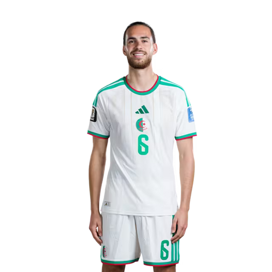 Algeria national football team 2026 World Cup jersey (player/match version) — Midfielders: No. 6 Ramiz Zerrouki, No. 8 Houssem Aouar, No. 10 Farès Chaïbi./لاعبو الوسط: رقم 6 رامز زروقي، رقم 8 حسام عوار، رقم 10 فارس شايبي