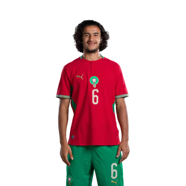 Morocco national football team 2026 World Cup jersey (player/match version) — Midfielders: No. 4 Sofyan Amrabat, No. 6 Ayoub Bouaddi, No. 7 Chamseddine Talbi./ لاعبو الوسط: رقم 4 سفيان أمرابط، رقم 6 أيوب بوعدي، رقم 7 شمس الدين الطالبي.