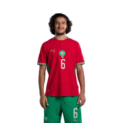 Morocco national football team 2026 World Cup jersey (player/match version) — Midfielders: No. 4 Sofyan Amrabat, No. 6 Ayoub Bouaddi, No. 7 Chamseddine Talbi./ لاعبو الوسط: رقم 4 سفيان أمرابط، رقم 6 أيوب بوعدي، رقم 7 شمس الدين الطالبي.