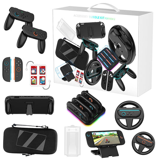 9-in-1 Gaming Kit for Switch 2 Accessories - Grip + Charging Dock + Steering Wheel + Travel Bag + Game Card Slot+Bracket + tempered film, Protective Console Cover