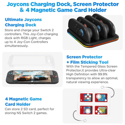 Anpress 15-in-1 Switch 2 Accessories Bundle Gift Kit for NS Switch 2 With Carrying Case, Protective Case, PlayStand, 2 Steering Wheels, Joycons Charging Dock, Screen Protector, 2 Joycons Grip,TPU Case