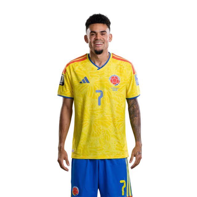 Colombia National Football Team 2026 World Cup Jersey (Player/Match Version) — Forwards: No. 7 Luis Díaz, No. 9 Jhon Córdoba, No. 19 Cucho Hernández./Delanteros: N.º 7 Luis Díaz, N.º 9 Jhon Córdoba, N.º 19 Cucho Hernández.