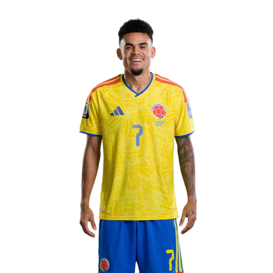 Colombia National Football Team 2026 World Cup Jersey (Player/Match Version) — Forwards: No. 7 Luis Díaz, No. 9 Jhon Córdoba, No. 19 Cucho Hernández./Delanteros: N.º 7 Luis Díaz, N.º 9 Jhon Córdoba, N.º 19 Cucho Hernández.