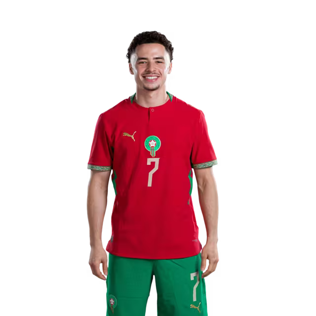 Morocco national football team 2026 World Cup jersey (player/match version) — Midfielders: No. 4 Sofyan Amrabat, No. 6 Ayoub Bouaddi, No. 7 Chamseddine Talbi./ لاعبو الوسط: رقم 4 سفيان أمرابط، رقم 6 أيوب بوعدي، رقم 7 شمس الدين الطالبي.