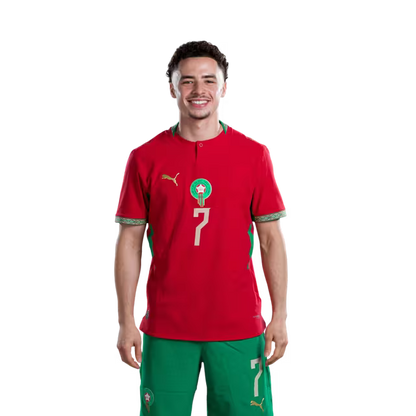 Morocco national football team 2026 World Cup jersey (player/match version) — Midfielders: No. 4 Sofyan Amrabat, No. 6 Ayoub Bouaddi, No. 7 Chamseddine Talbi./ لاعبو الوسط: رقم 4 سفيان أمرابط، رقم 6 أيوب بوعدي، رقم 7 شمس الدين الطالبي.