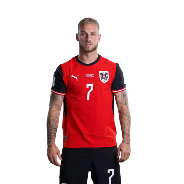 Austria National Team 2026 World Cup Jersey (Player Version/Match Issue) — Forwards: No. 7 Marko Arnautović, No. 11 Michael Gregoritsch, No. 14 Saša Kalajdžić, No. 21 Patrick Wimmer./ Österreichisches Nationalmannschaftstrikot für die WM