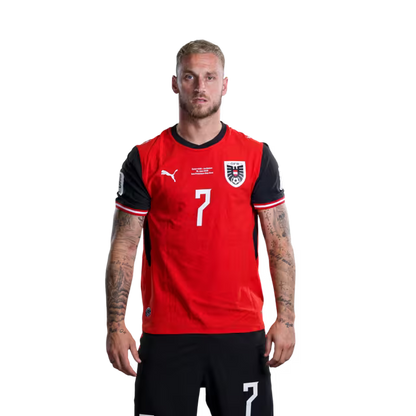 Austria National Team 2026 World Cup Jersey (Player Version/Match Issue) — Forwards: No. 7 Marko Arnautović, No. 11 Michael Gregoritsch, No. 14 Saša Kalajdžić, No. 21 Patrick Wimmer./ Österreichisches Nationalmannschaftstrikot für die WM