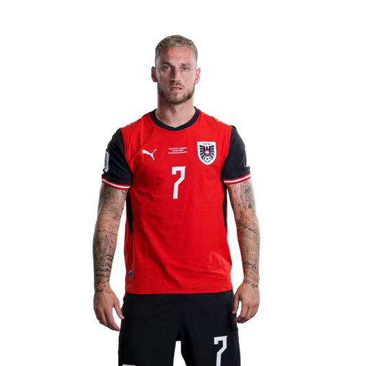 Austria National Team 2026 World Cup Jersey (Player Version/Match Issue) — Forwards: No. 7 Marko Arnautović, No. 11 Michael Gregoritsch, No. 14 Saša Kalajdžić, No. 21 Patrick Wimmer./ Österreichisches Nationalmannschaftstrikot für die WM