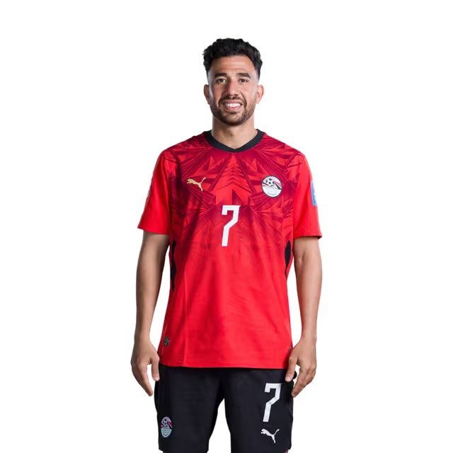 Egypt National Football Team 2026 World Cup Jersey (Player/Match Version) — Forwards: No. 7 Trezeguet, No. 9 Hamza Abdel-Karim, No. 10 Mohamed Salah./ خط الهجوم: رقم 7 تريزيجيه، رقم 9 حمزة عبد الكريم، رقم 10 محمد صلاح.