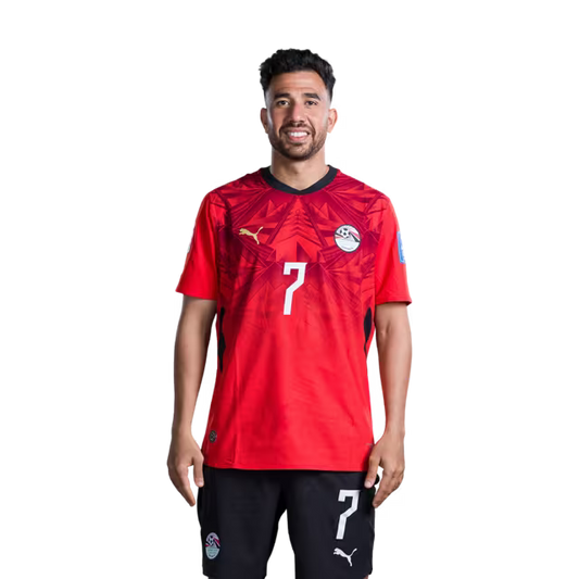 Egypt National Football Team 2026 World Cup Jersey (Player/Match Version) — Forwards: No. 7 Trezeguet, No. 9 Hamza Abdel-Karim, No. 10 Mohamed Salah./ خط الهجوم: رقم 7 تريزيجيه، رقم 9 حمزة عبد الكريم، رقم 10 محمد صلاح.