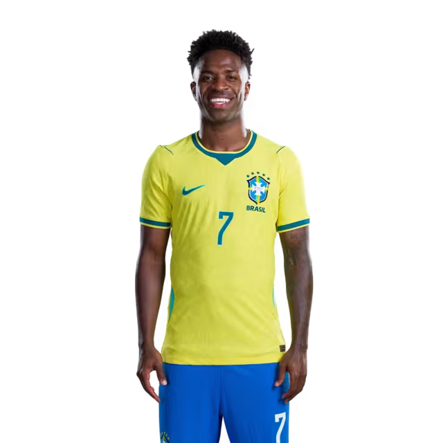 Brazil National Team 2026 World Cup Jersey (Player Version/Match Issue) — Forwards: No. 7 Vinícius Júnior, No. 9 Matheus Cunha, No. 10 Neymar Jr /Atacantes: Nº 7 VINICIUS JUNIOR, Nº 9 MATHEUS CUNHA, Nº 10 NEYMAR JR