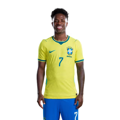 Brazil National Team 2026 World Cup Jersey (Player Version/Match Issue) — Forwards: No. 7 Vinícius Júnior, No. 9 Matheus Cunha, No. 10 Neymar Jr /Atacantes: Nº 7 VINICIUS JUNIOR, Nº 9 MATHEUS CUNHA, Nº 10 NEYMAR JR
