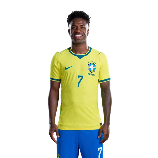 Brazil National Team 2026 World Cup Jersey (Player Version/Match Issue) — Forwards: No. 7 Vinícius Júnior, No. 9 Matheus Cunha, No. 10 Neymar Jr /Atacantes: Nº 7 VINICIUS JUNIOR, Nº 9 MATHEUS CUNHA, Nº 10 NEYMAR JR