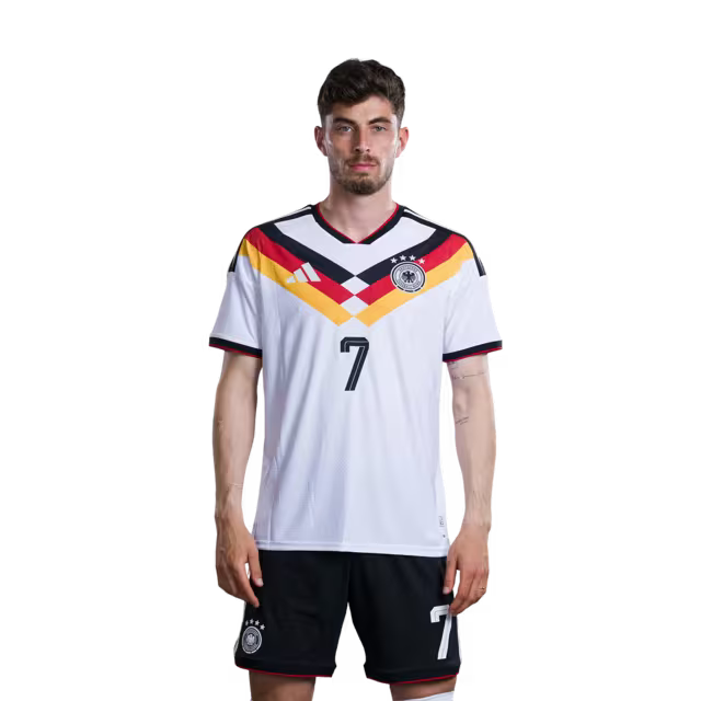 Trikot der deutschen Fußballnationalmannschaft für die Weltmeisterschaft 2026 (Spielerversion/Spielversion) – Stürmer: Nr. 7 Kai Havertz, Nr. 11 Nick Woltemade, Nr. 14 Maximilian Beier, Nr. 26 Deniz Undav