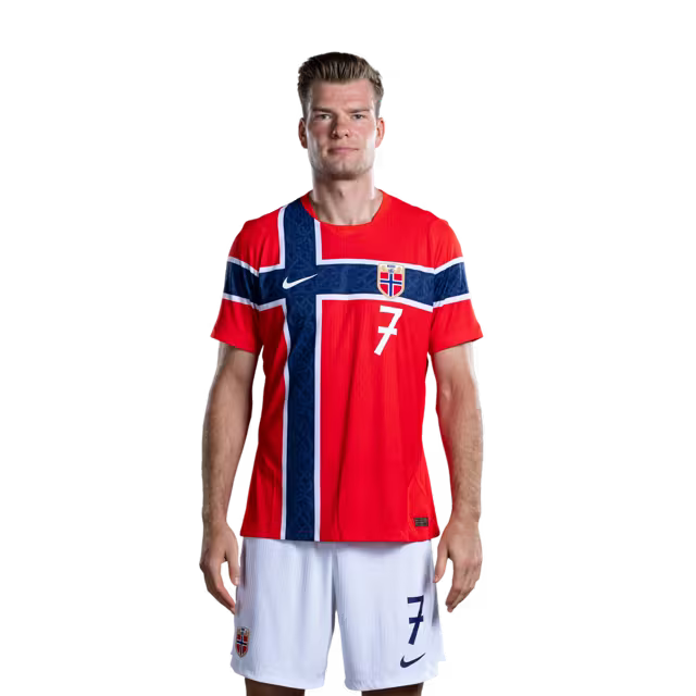 Norway National Football Team 2026 World Cup Jersey (Player Version/Match Version) — Forwards: No. 7 Alexander Sørloth, No. 9 Erling Haaland, No. 11 Jørgen Strand Larsen / Spisser: Nr. 7 Alexander SØRLOTH, nr. 9 Erling HAALAND, nr. 11 Jørgen STRAND LARSEN