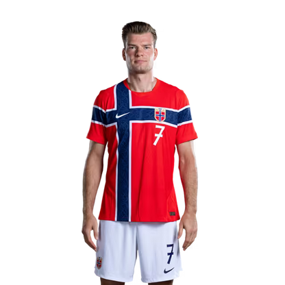 Norway National Football Team 2026 World Cup Jersey (Player Version/Match Version) — Forwards: No. 7 Alexander Sørloth, No. 9 Erling Haaland, No. 11 Jørgen Strand Larsen / Spisser: Nr. 7 Alexander SØRLOTH, nr. 9 Erling HAALAND, nr. 11 Jørgen STRAND LARSEN