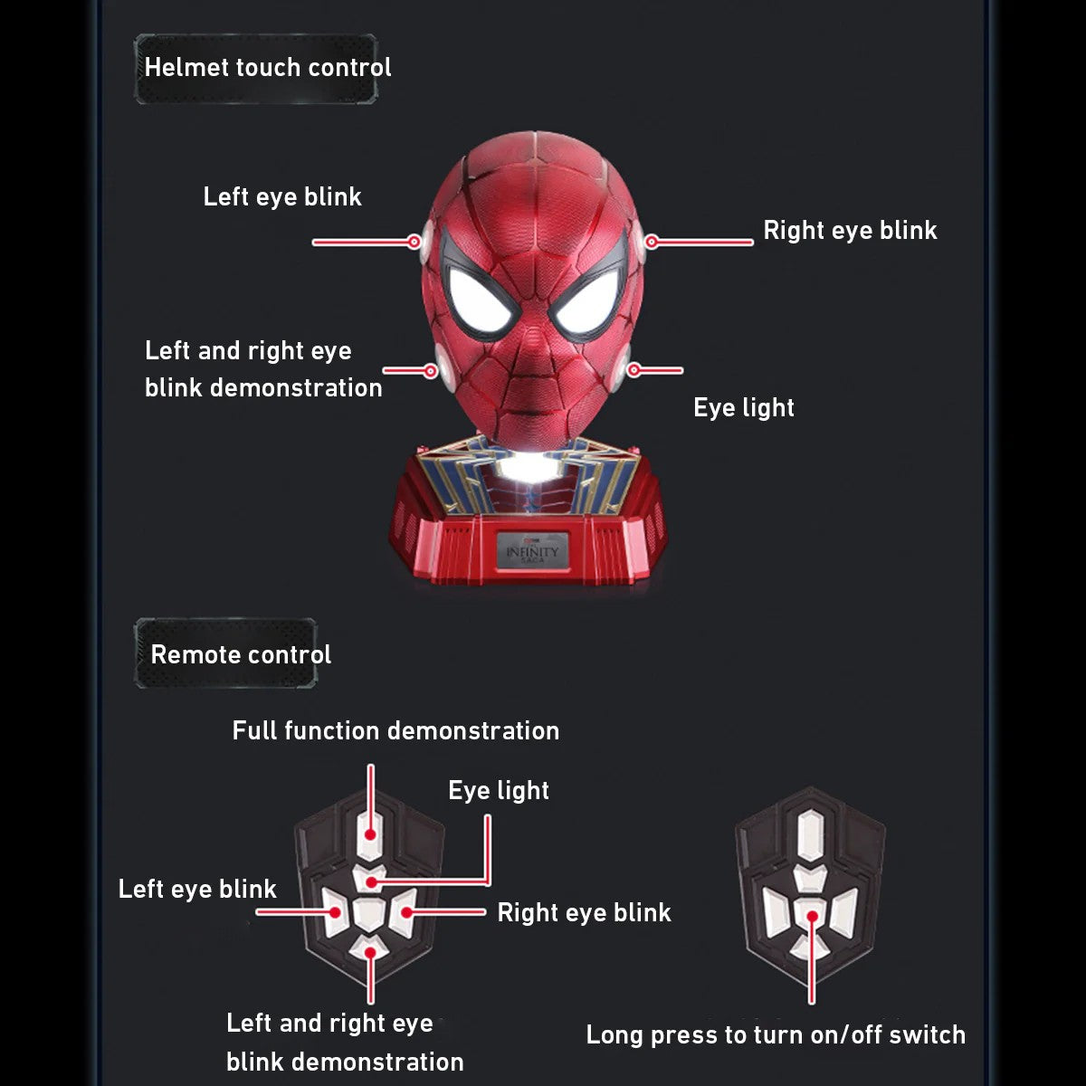 Hardcore Iron Spider-Man 1:1 Collectible Helmet with Built-in Bluetooth Speaker | Realistic Blinking Eyes & Touch/Remote Control