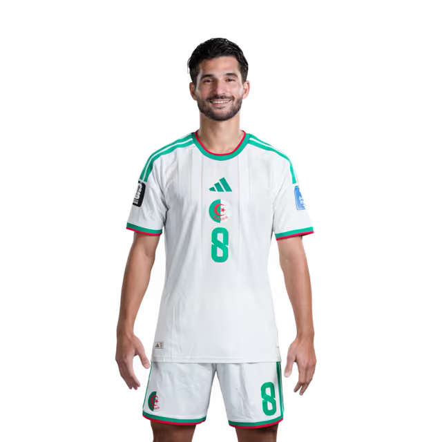 Algeria national football team 2026 World Cup jersey (player/match version) — Midfielders: No. 6 Ramiz Zerrouki, No. 8 Houssem Aouar, No. 10 Farès Chaïbi./لاعبو الوسط: رقم 6 رامز زروقي، رقم 8 حسام عوار، رقم 10 فارس شايبي