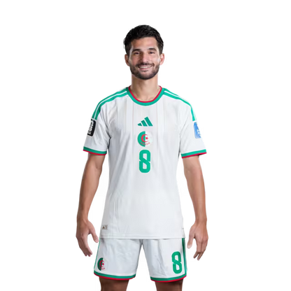 Algeria national football team 2026 World Cup jersey (player/match version) — Midfielders: No. 6 Ramiz Zerrouki, No. 8 Houssem Aouar, No. 10 Farès Chaïbi./لاعبو الوسط: رقم 6 رامز زروقي، رقم 8 حسام عوار، رقم 10 فارس شايبي