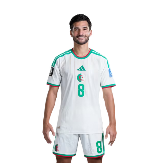 Algeria national football team 2026 World Cup jersey (player/match version) — Midfielders: No. 6 Ramiz Zerrouki, No. 8 Houssem Aouar, No. 10 Farès Chaïbi./لاعبو الوسط: رقم 6 رامز زروقي، رقم 8 حسام عوار، رقم 10 فارس شايبي
