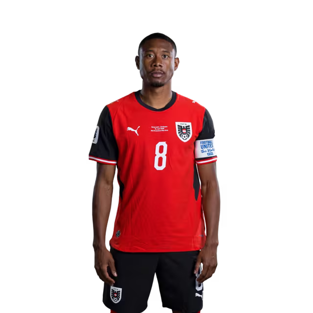 Austria National Team 2026 World Cup Jersey (Player Version/Match Issue) — Defenders: No. 8 David Alaba, No. 15 Philipp Lienhart, No. 16 Phillip Mwene/ Abwehrspieler: Nr. 8 David Alaba, Nr. 15 Philipp Lienhart, Nr. 16 Phillip Mwene