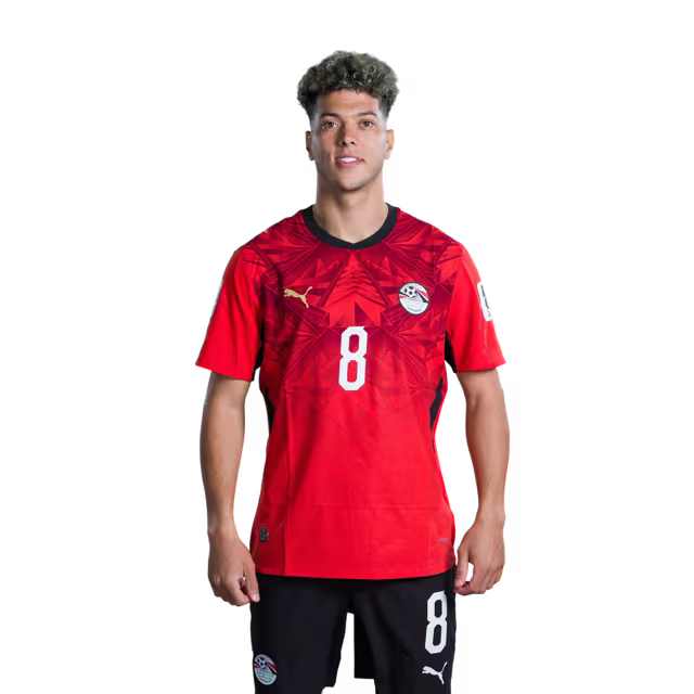 Egypt National Football Team 2026 World Cup Jersey (Player/Match Version) — Midfielders: No. 8 Emam Ashour, No. 11 Mostafa Zico, No. 14 Hamdy Fathy./ لاعبو الوسط: رقم 8 إمام عاشور، رقم 11 مصطفى زيكو، رقم 14 حمدي فتحي.