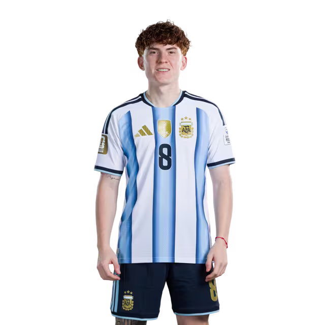 Argentina National Football Team 2026 World Cup Jersey (Player Version/Match Version) — Midfielders: No.5 Leandro PAREDES, No.7 Rodrigo DE PAUL, No.8 Valentin BARCO / Mediocampistas: No.5 Leandro PAREDES, No.7 Rodrigo DE PAUL, No.8 Valentín BARCO